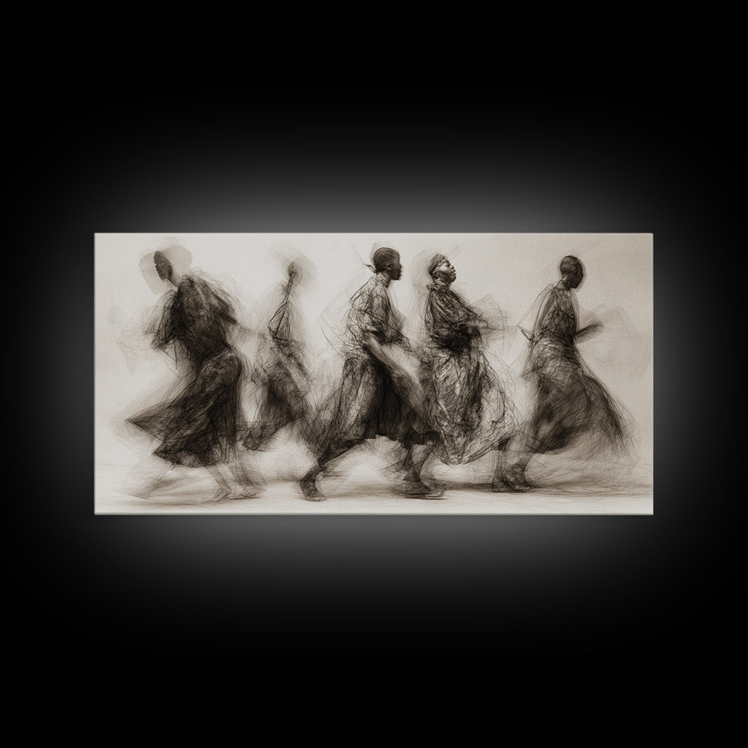 Charcoal African Procession Silhouettes Wall Art, Traditional African Decor, Cultural Canvas Print For Living Room Home Decor Gift