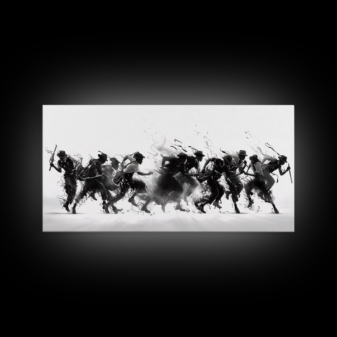 African Warrior Riders In Bold Black Ink Wall Art, Tribal Battle Canvas Print, Black And White Statement Decor Gift For Office