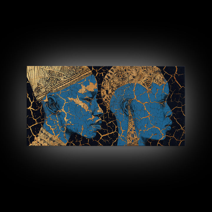 Blue And Gold Cracked African Faces Wall Art, Modern Afrocentric Canvas Print For Luxury Decor, Cultural Home Decor Gift