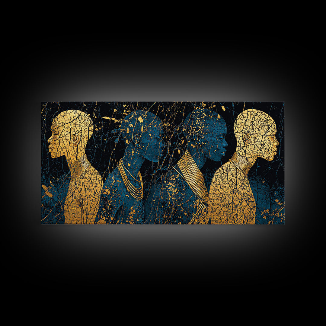 Gold And Teal African Women Silhouettes Wall Art, Afrocentric Black Woman Portrait, Luxury Canvas Decor, Black Gold Print