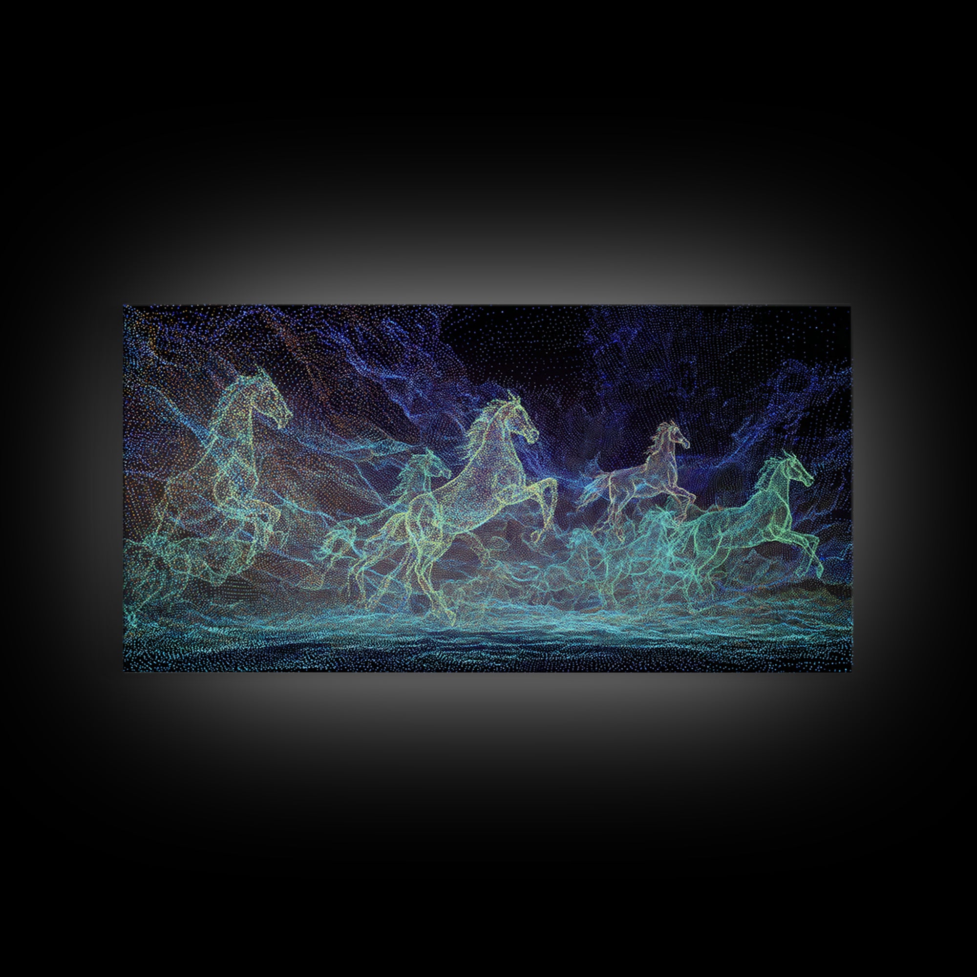 Neon Cosmic Running Horses Herd Canvas Print, Abstract Animal Wall Art, Blue Green Equine Decor, Mystical Modern Nature Gift
