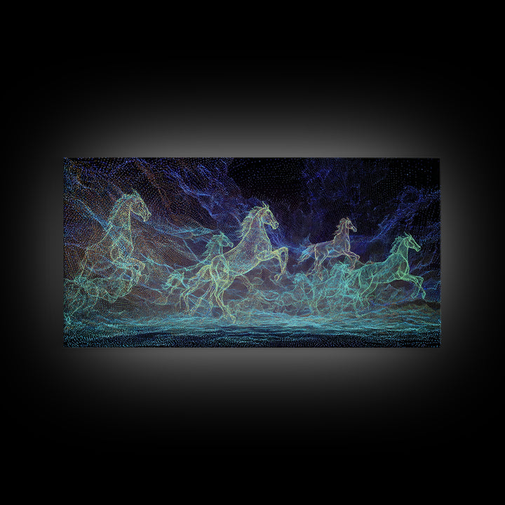 Neon Cosmic Running Horses Herd Canvas Print, Abstract Animal Wall Art, Blue Green Equine Decor, Mystical Modern Nature Gift