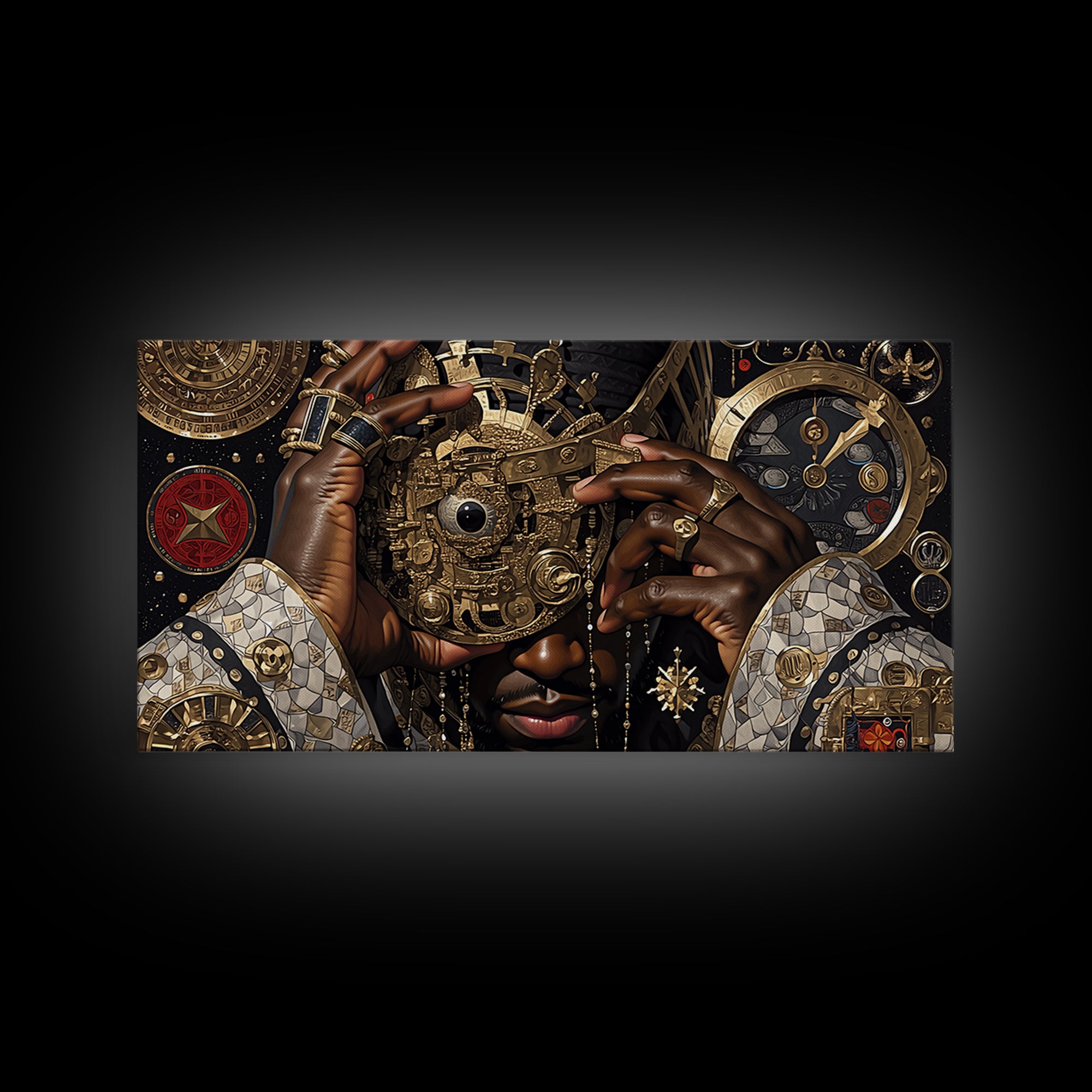 Afrofuturist Golden Mask Portrait Framed Canvas Print, African Wall Art, Black Culture Art, Luxury Afrocentric Home Decor