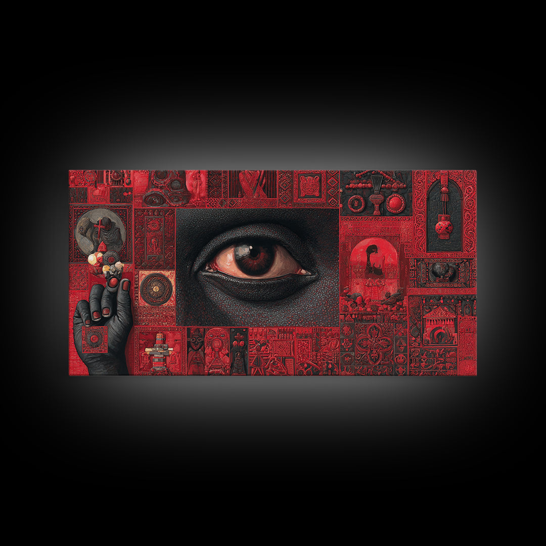 Red Mystic Eye Tribal Collage Canvas Print, African Mask Art, Afrocentric Wall Decor, Bold Cultural Artwork For Home Office