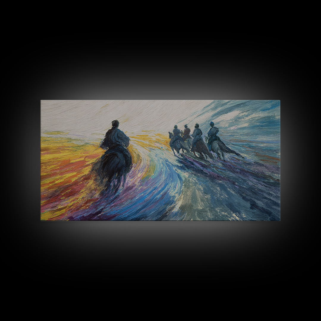 Galloping Horsemen Dawn Landscape Canvas Print, African Warrior Art, Dynamic Modern Wall Decor For Office And Living Room