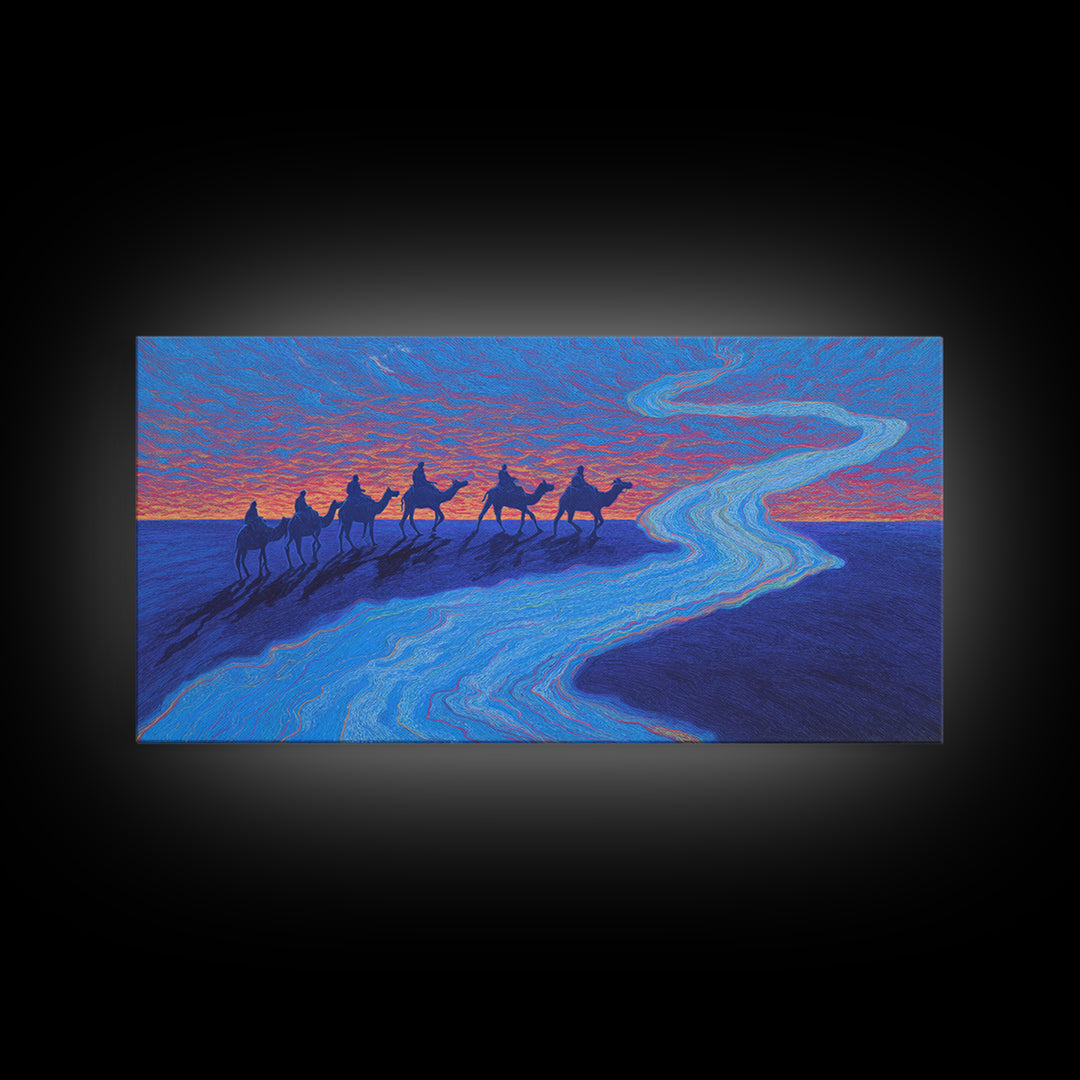 Camel Caravan Blue Desert Wall Art, African Safari Art Print, Dreamy Sunset Landscape For Boho Bedroom And Travel Decor Gift