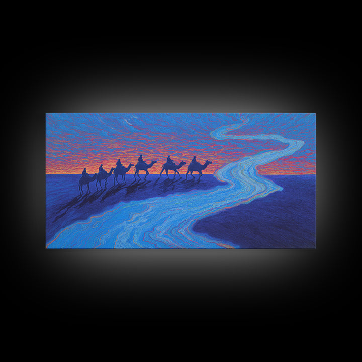 Camel Caravan Blue Desert Wall Art, African Safari Art Print, Dreamy Sunset Landscape For Boho Bedroom And Travel Decor Gift