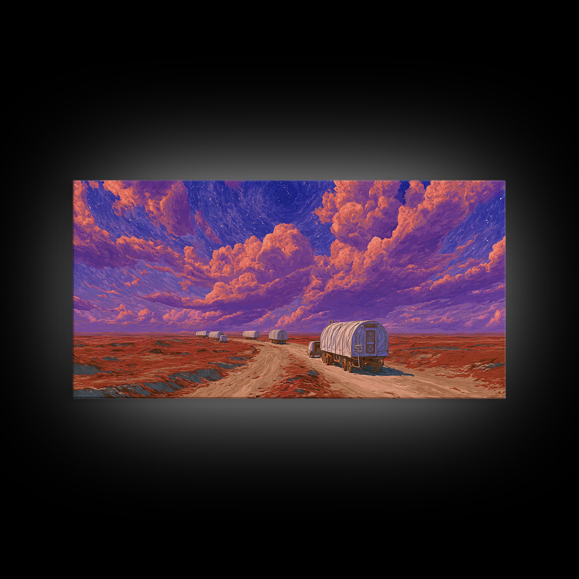 Desert Wagons Under Purple Sky Canvas Print, African Landscape Wall Art, Modern Safari Travel Home Decor For Living Room