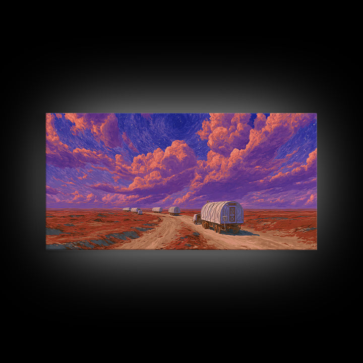 Desert Wagons Under Purple Sky Canvas Print, African Landscape Wall Art, Modern Safari Travel Home Decor For Living Room