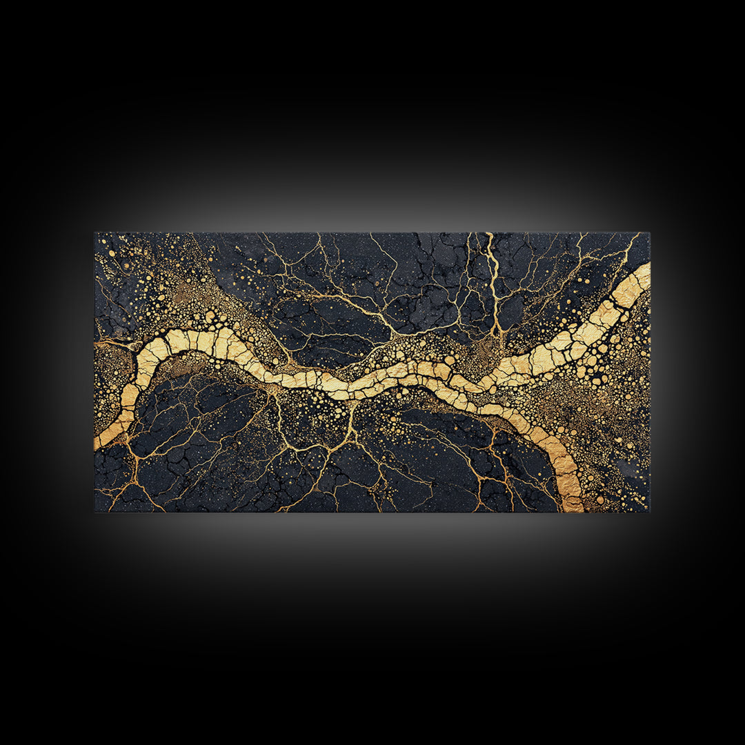 Black Gold Cracked Earth River Framed Canvas Print, Abstract African Art, Luxury Geometric Wall Decor For Modern Home Office