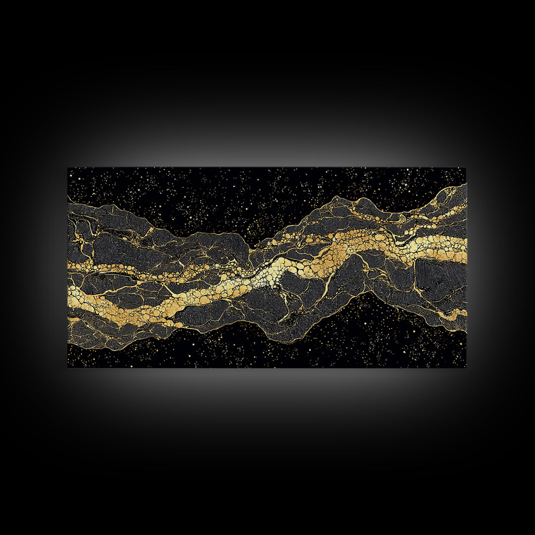 Golden Mountain Vein Abstract Wall Art, Black And Gold African Inspired Canvas Print, Luxury Statement Decor For Home Office
