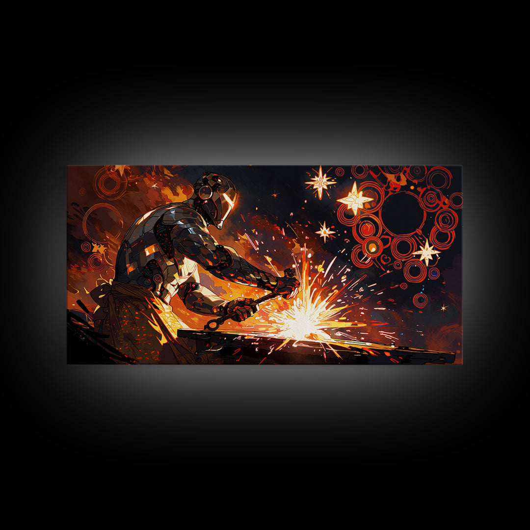 Futuristic Blacksmith Sparks Canvas Print, Industrial Wall Decor, Modern Art, Orange Metalwork, Workshop Gift, Masculine Office Art