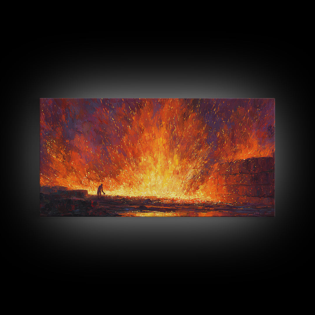 Molten Foundry Firestorm Framed Canvas Print, Fiery Industrial Wall Art, Orange Abstract Painting, Statement Living Room Decor