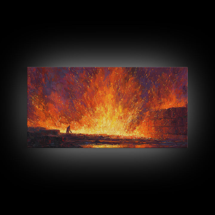 Molten Foundry Firestorm Framed Canvas Print, Fiery Industrial Wall Art, Orange Abstract Painting, Statement Living Room Decor