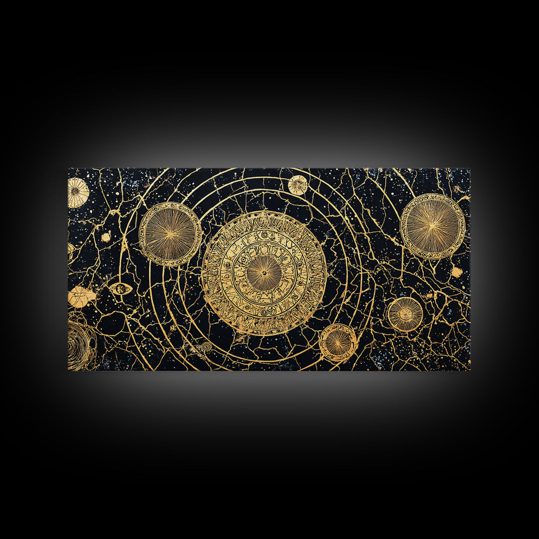 Gold Celestial Mandala Map Wall Art, African Abstract Black And Gold Decor, Luxury Canvas, Spiritual Boho Home Decor, Statement Piece