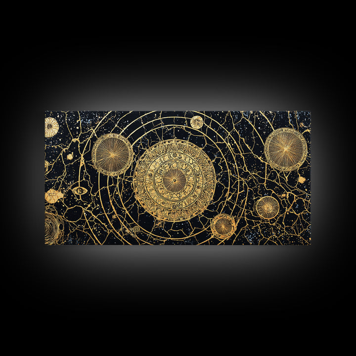 Gold Celestial Mandala Map Wall Art, African Abstract Black And Gold Decor, Luxury Canvas, Spiritual Boho Home Decor, Statement Piece