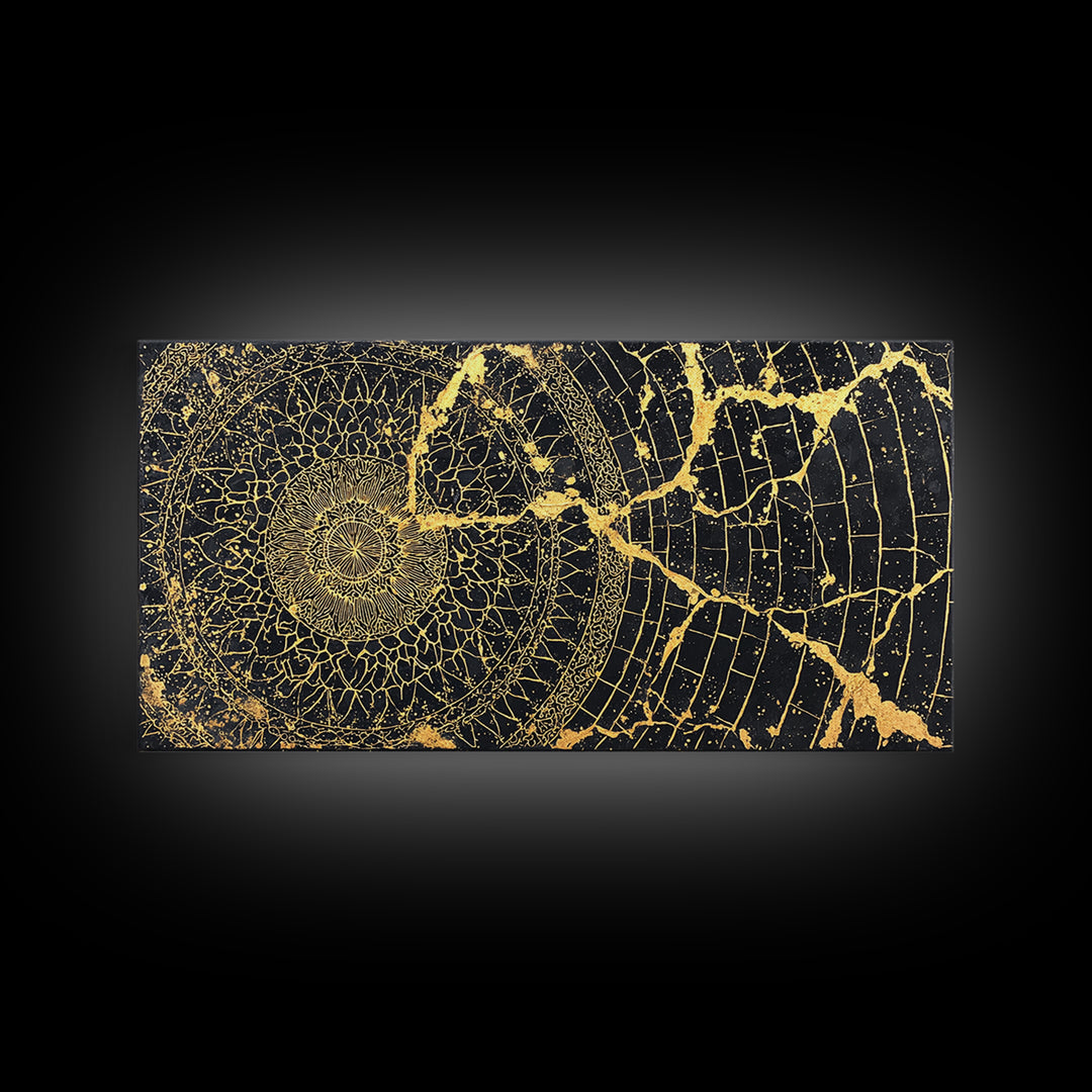 Gold Spiral Geometric Web Wall Art, Abstract African Art Print, Black Gold Decor, Modern Boho Statement Canvas For Living Room