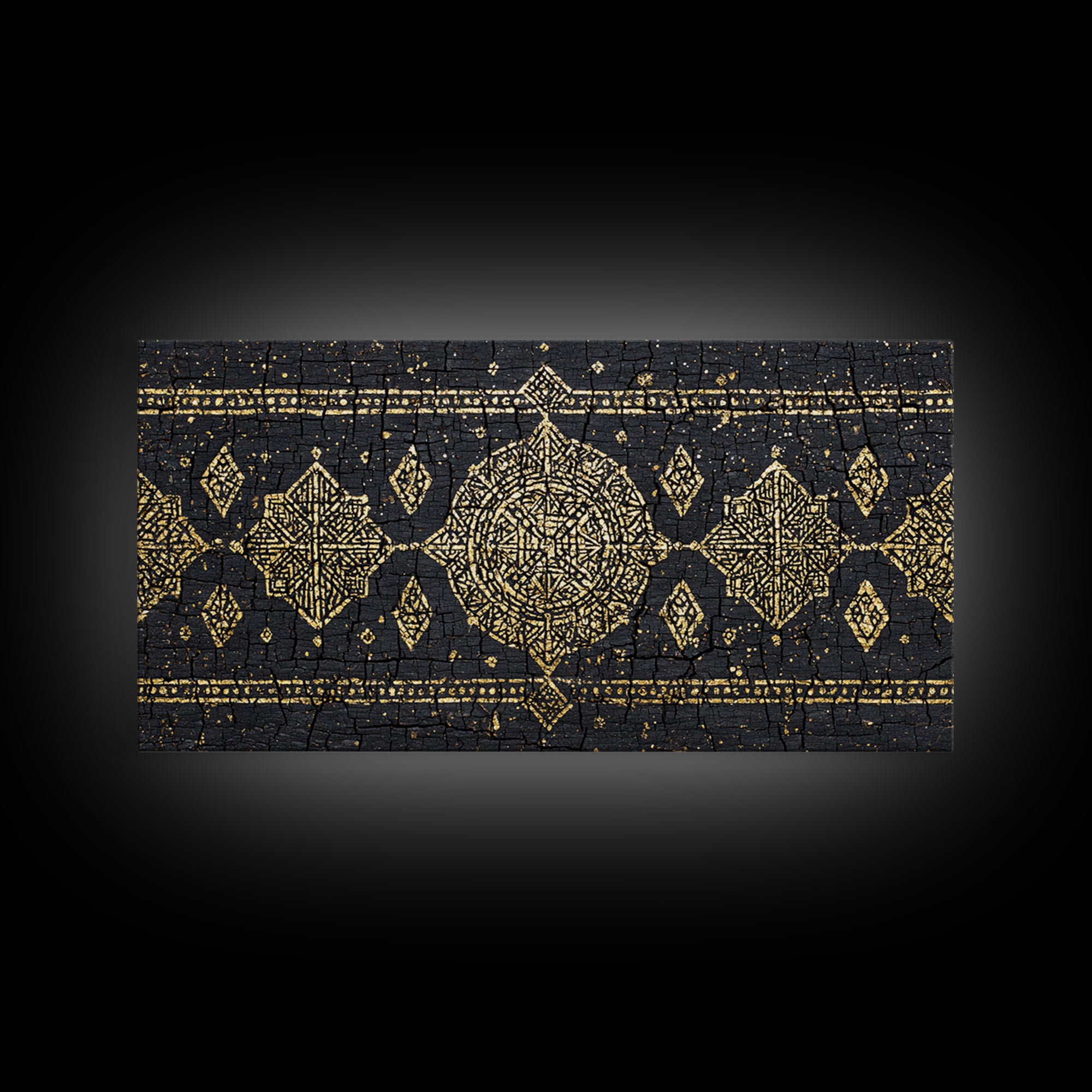Gold Mud Cloth Geometric Framed Canvas Print, African Patterns, Tribal Art Decor, Black Gold Boho Wall Decor For Living Room