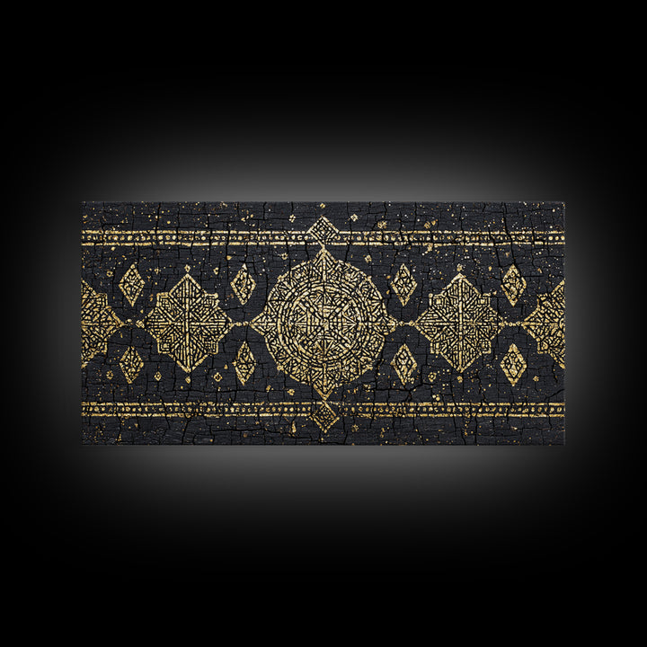 Gold Mud Cloth Geometric Framed Canvas Print, African Patterns, Tribal Art Decor, Black Gold Boho Wall Decor For Living Room