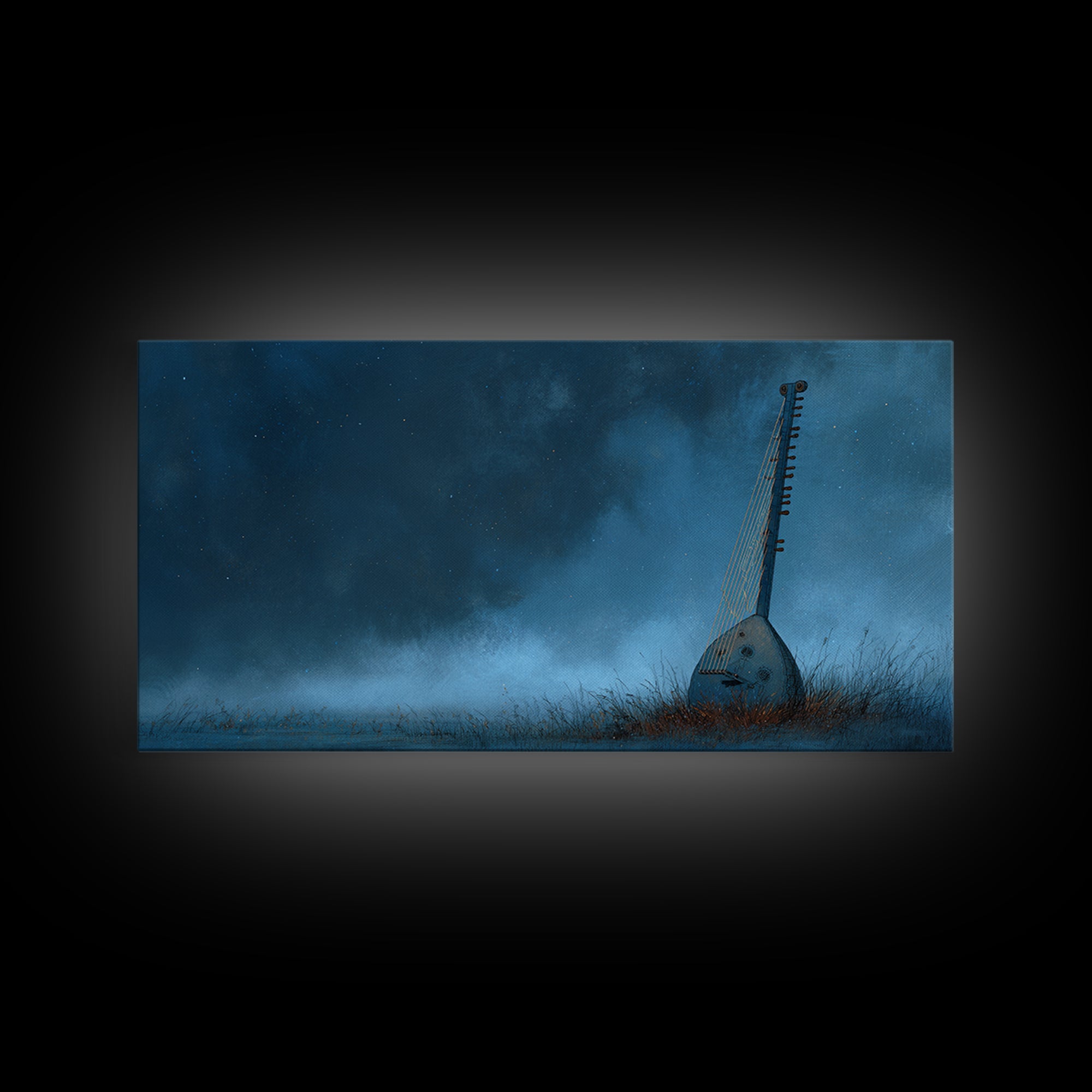 Blue African Kora Instrument Wall Art, Starry Night Music Print, Cultural African Artwork, Moody Bedroom Decor Canvas Print