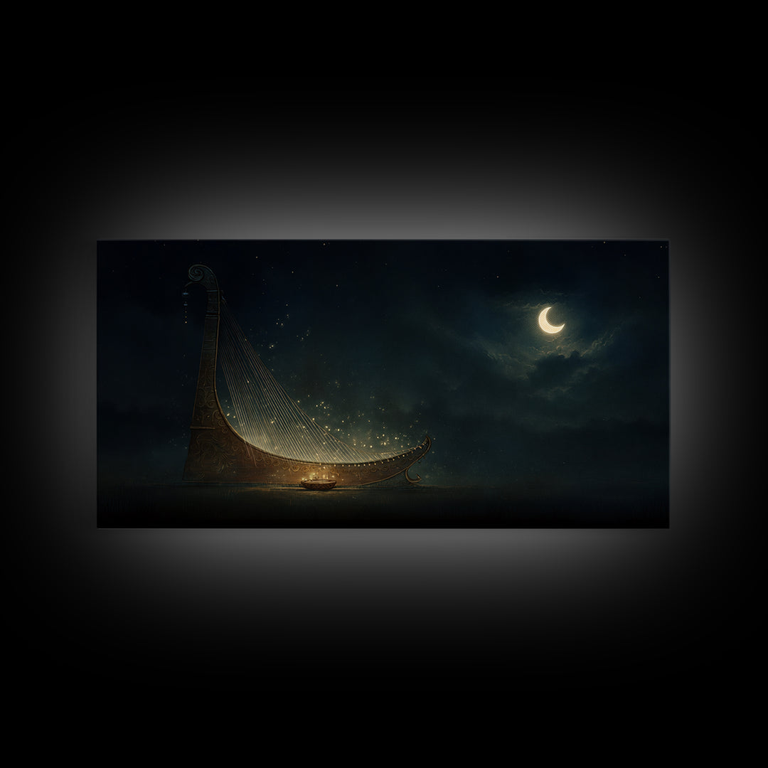 Moonlit African Kora Harp Framed Canvas Print, Crescent Moon Music Wall Decor, Spiritual Afrocentric Art, Dreamy Night Gift