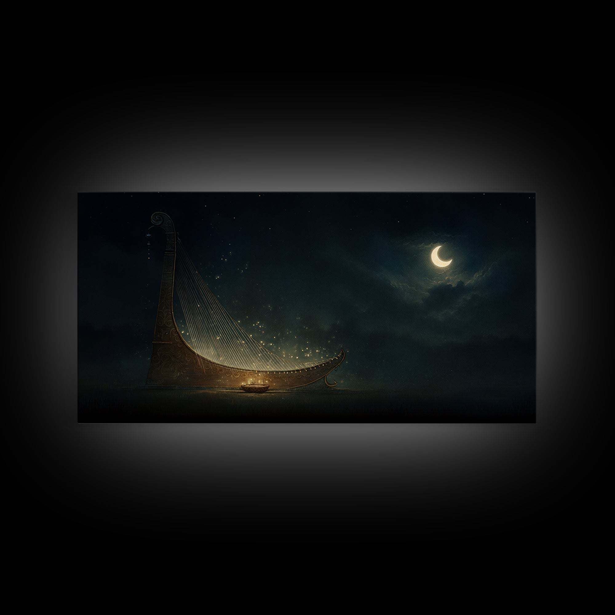 Moonlit African Kora Harp Framed Canvas Print, Crescent Moon Music Wall Decor, Spiritual Afrocentric Art, Dreamy Night Gift