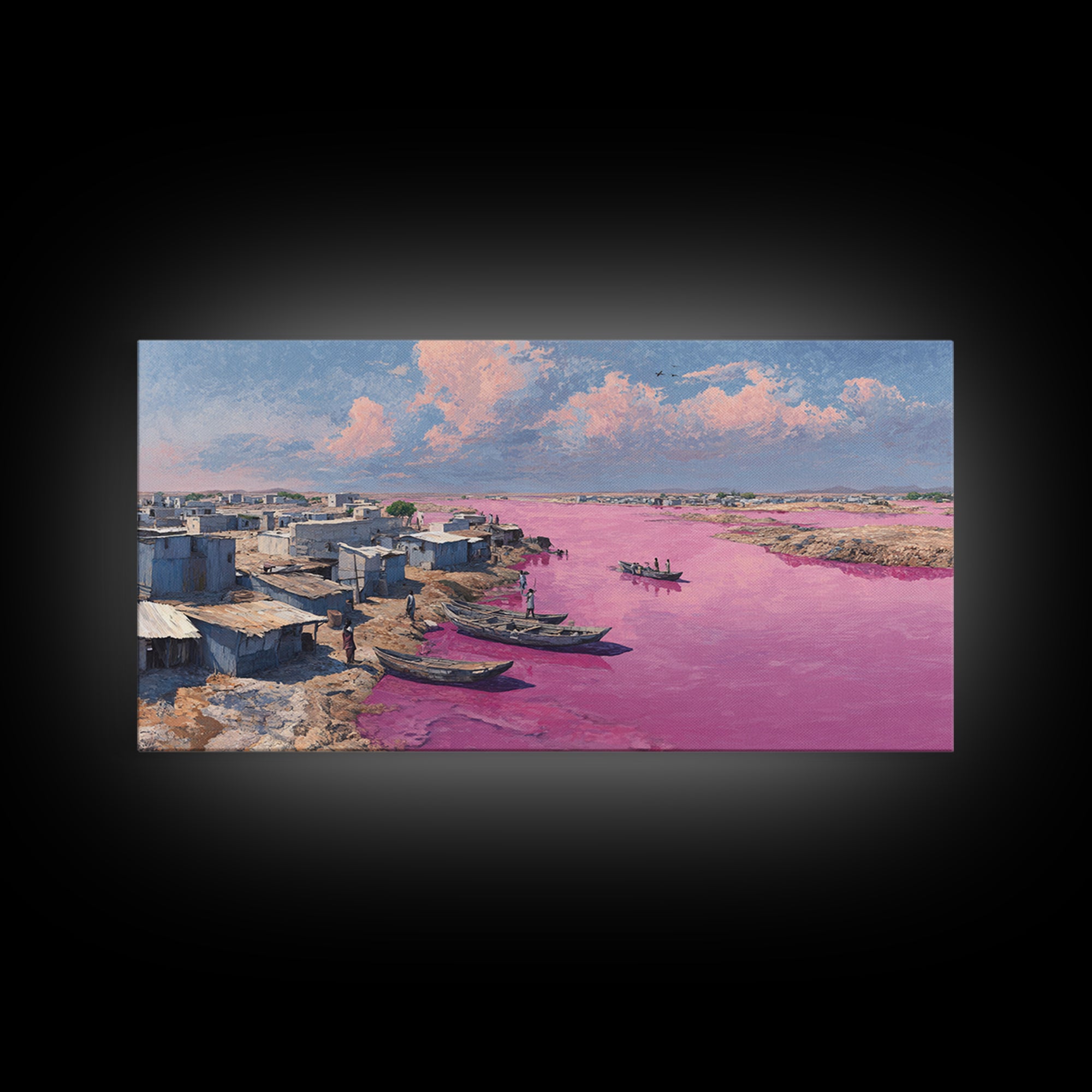 Pink River African Village Wall Art, West African Landscape, Coastal Boat Scene, Serene Travel Decor For Living Room Canvas Gift