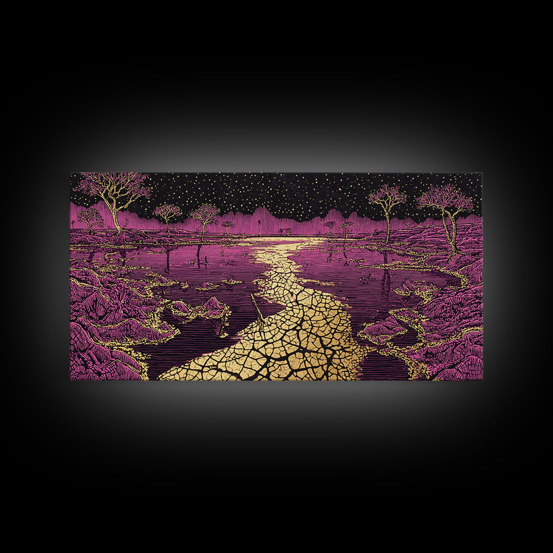 Mystic Purple Savannah Path Wall Art, African Tree Landscape, Starry Night Boho Decor, Spiritual Canvas For Living Room Gift