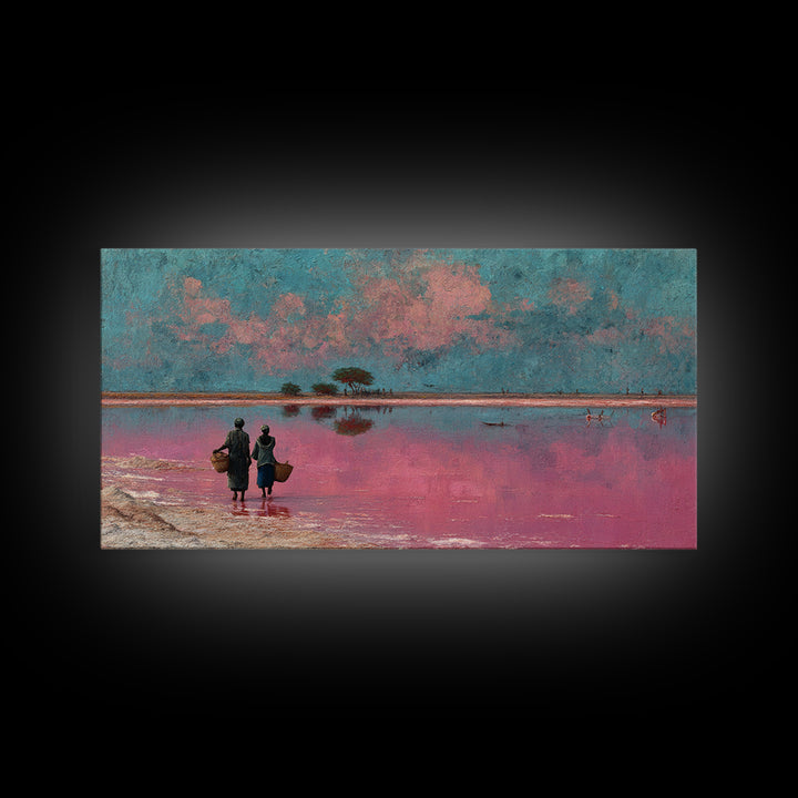 African Women At Pink Lake Wall Art, Pastel Landscape Painting, Motherland Travel Decor, Feminine Canvas For Living Room