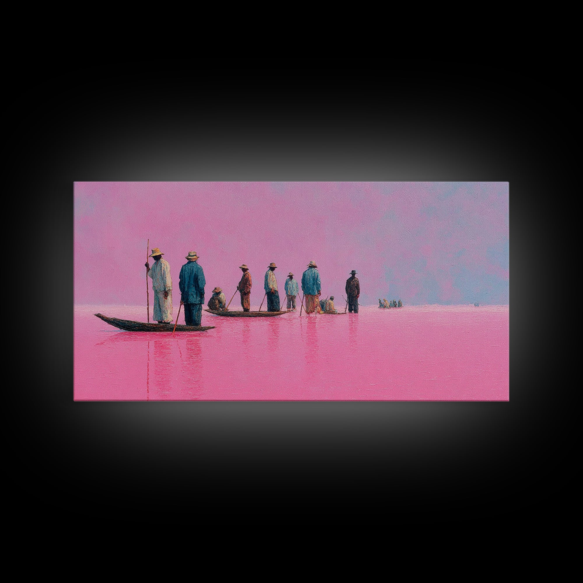 Pink Lake Fishermen On Long Boat Canvas Print, African Travel Landscape, Minimalist Coastal Decor For Modern Living Room