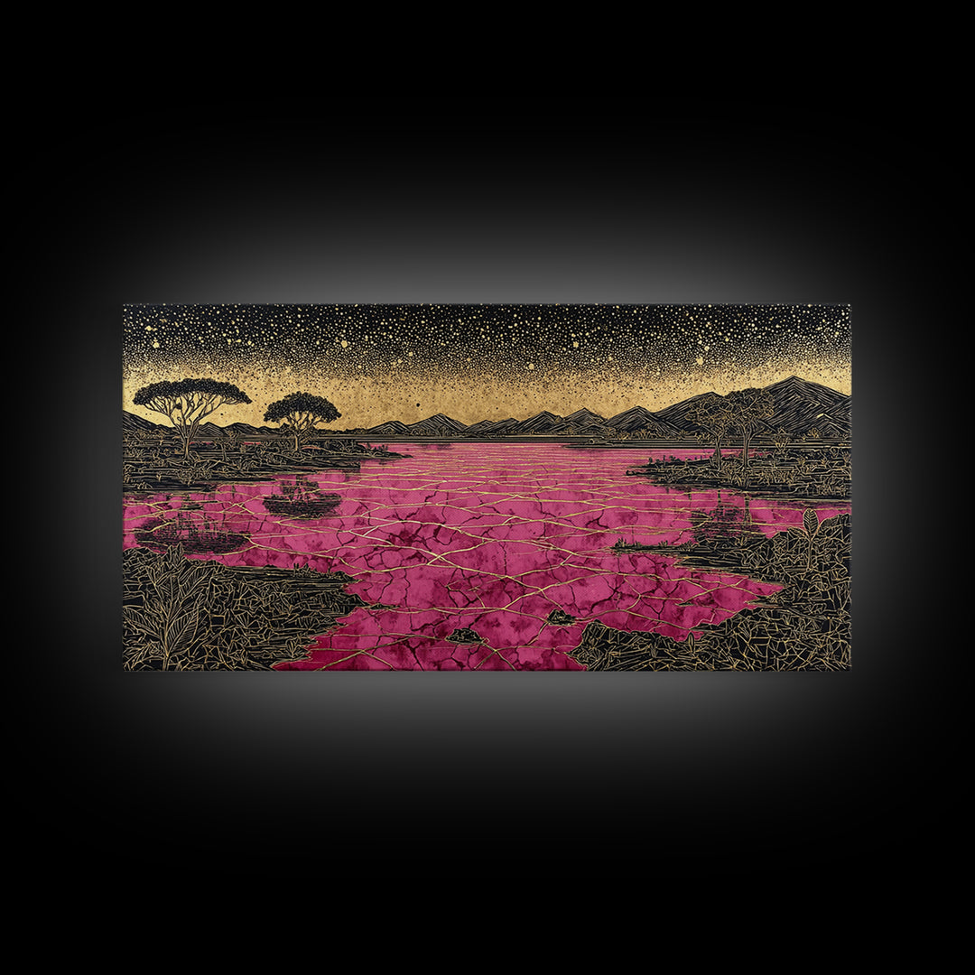 Cracked Pink Lake Savannah Wall Art, African Landscape, Black Gold Boho Decor, Serengeti Inspired Canvas For Living Room