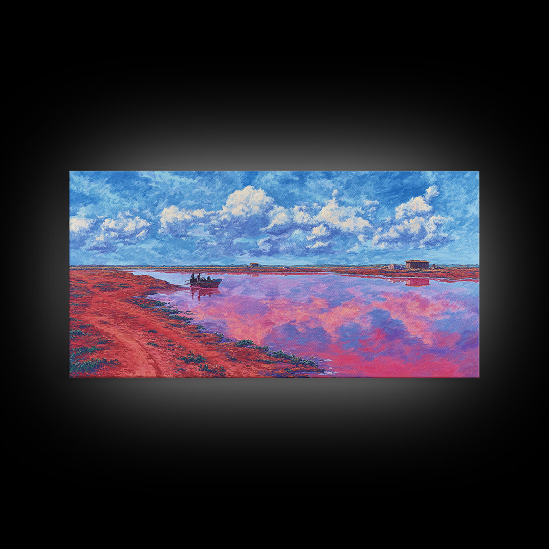 Pink Salt Lake Boats Wall Art, African Landscape Painting, Coastal Travel Poster, Blue Sky Canvas Decor, Living Room Gift