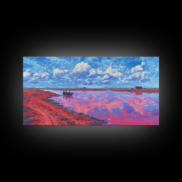 Pink Salt Lake Boats Wall Art, African Landscape Painting, Coastal Travel Poster, Blue Sky Canvas Decor, Living Room Gift
