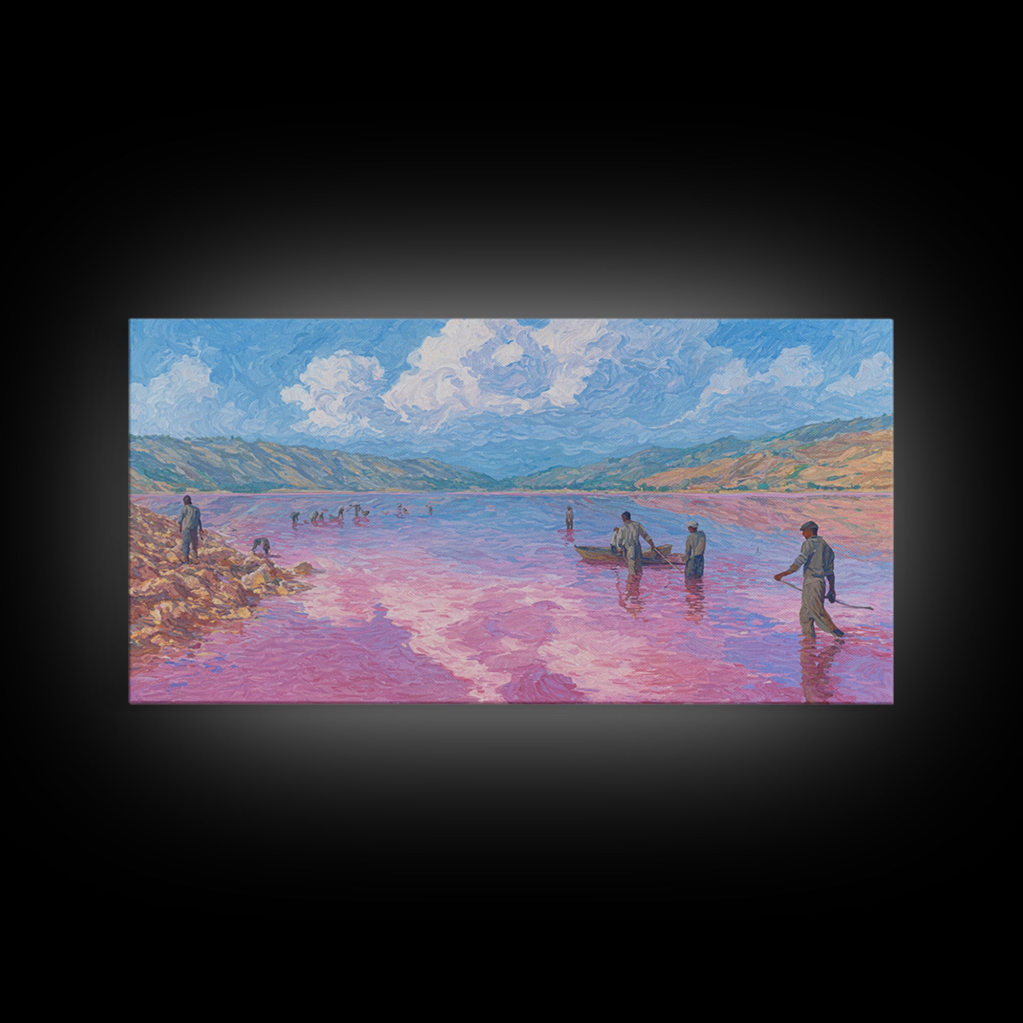 Pastel Salt Lake Workers Canvas Print, African Landscape Wall Decor, Pink Water Painting, Mountain Travel Art Gift, Living Room Decor