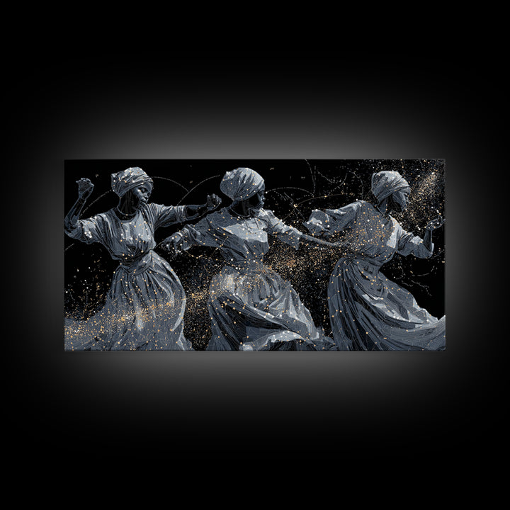 Three Dancing African Women Wall Art, Black And Gold Figurative Painting, Afrocentric Home Decor, Cultural Canvas Gift For Her