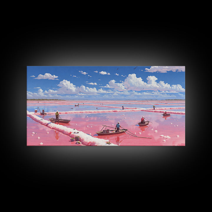 Pink Salt Flats With Boats Wall Art, African Coastal Landscape, Flamingo Lake Painting, Large Canvas Decor, Travel Home Gift