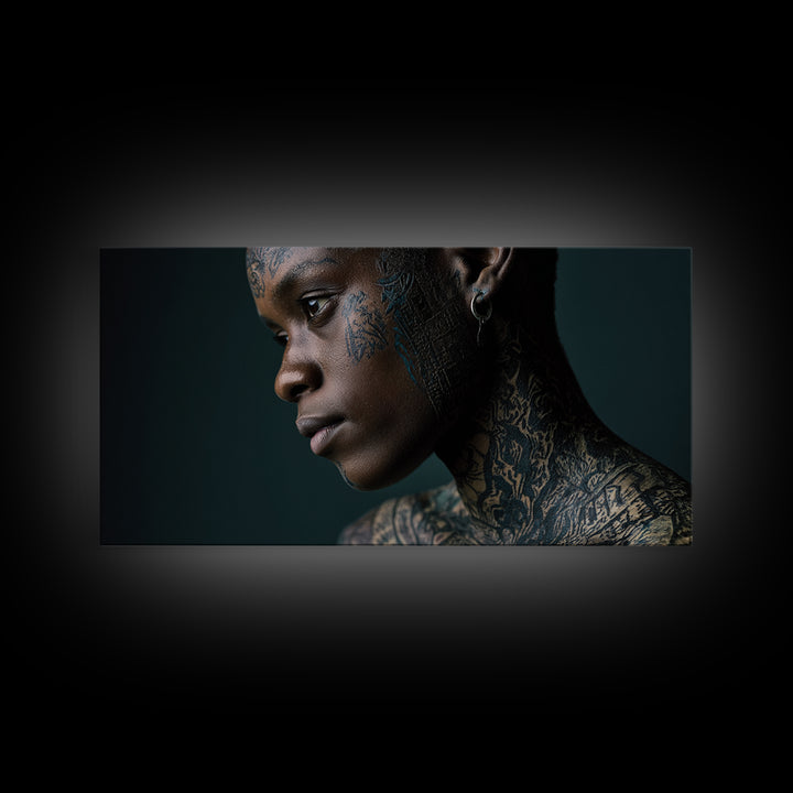 Tattooed Black Woman Portrait Framed Canvas Print, African Beauty Wall Art, Dramatic Profile Photography, Melanin Decor Gift