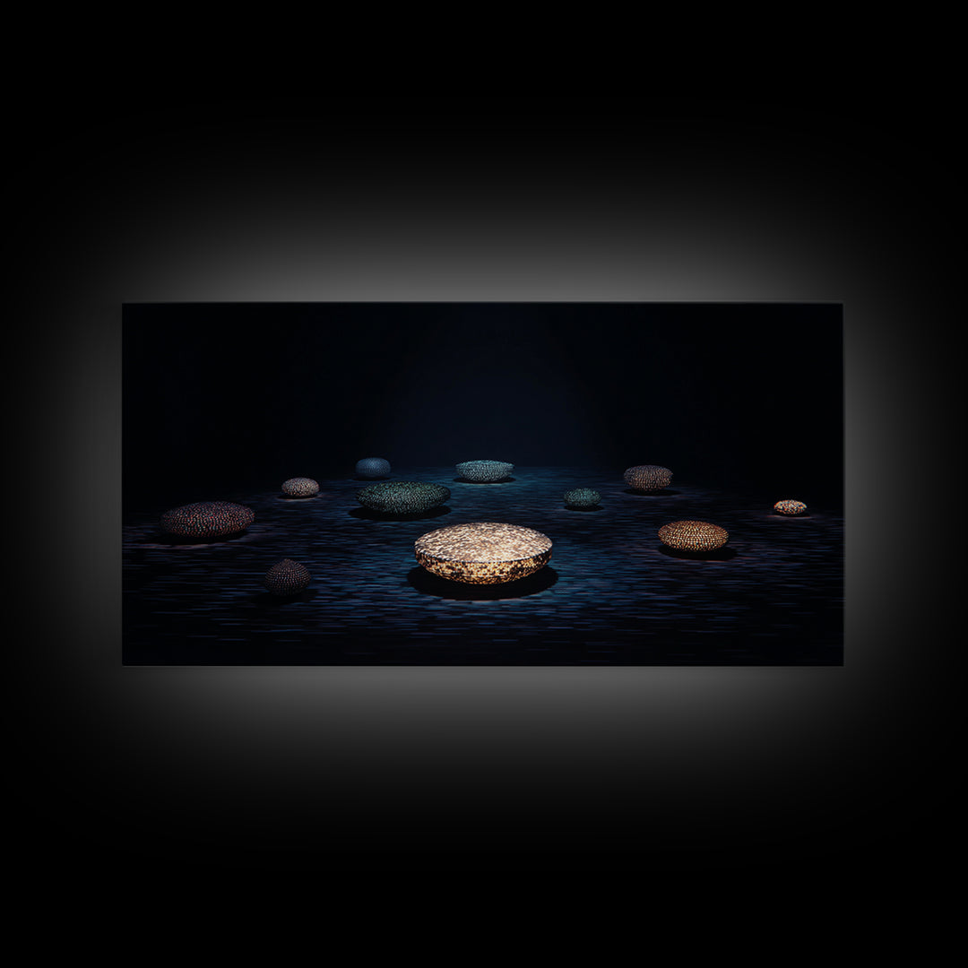 Glowing Beaded Bowls Wall Art, Abstract African Night Water Scene, Luxury Dark Canvas Decor, Modern Gallery Gift For Living Room