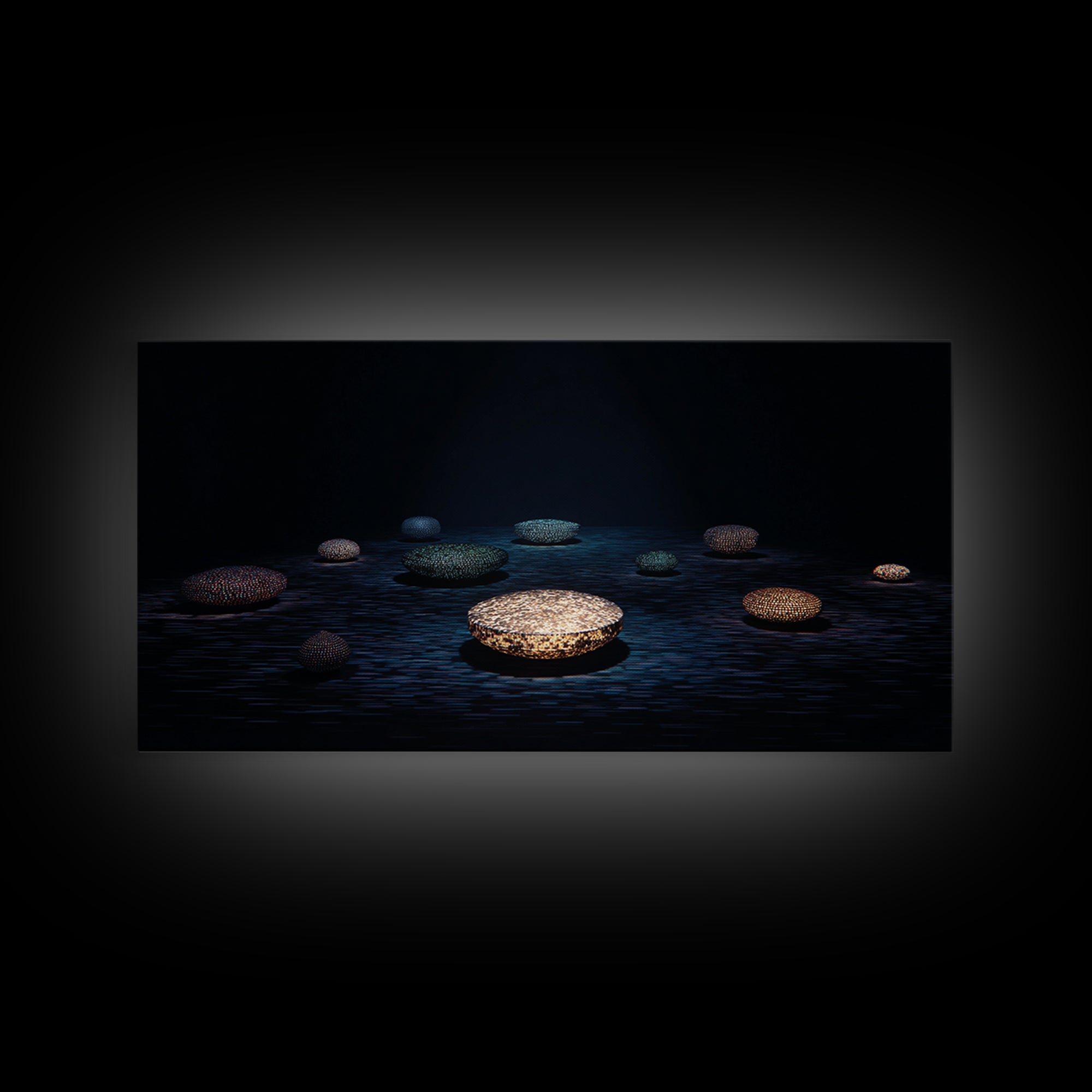 Glowing Beaded Bowls Wall Art, Abstract African Night Water Scene, Luxury Dark Canvas Decor, Modern Gallery Gift For Living Room