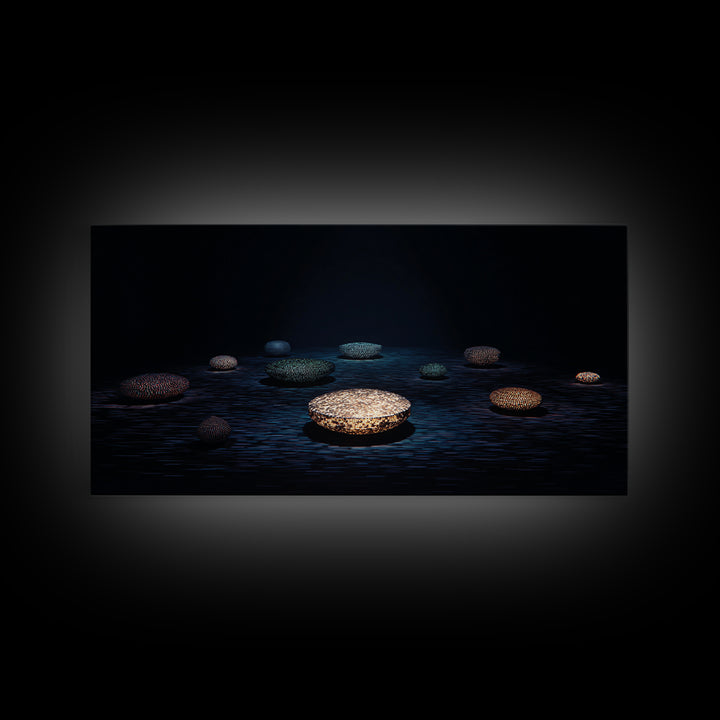 Glowing Beaded Bowls Wall Art, Abstract African Night Water Scene, Luxury Dark Canvas Decor, Modern Gallery Gift For Living Room