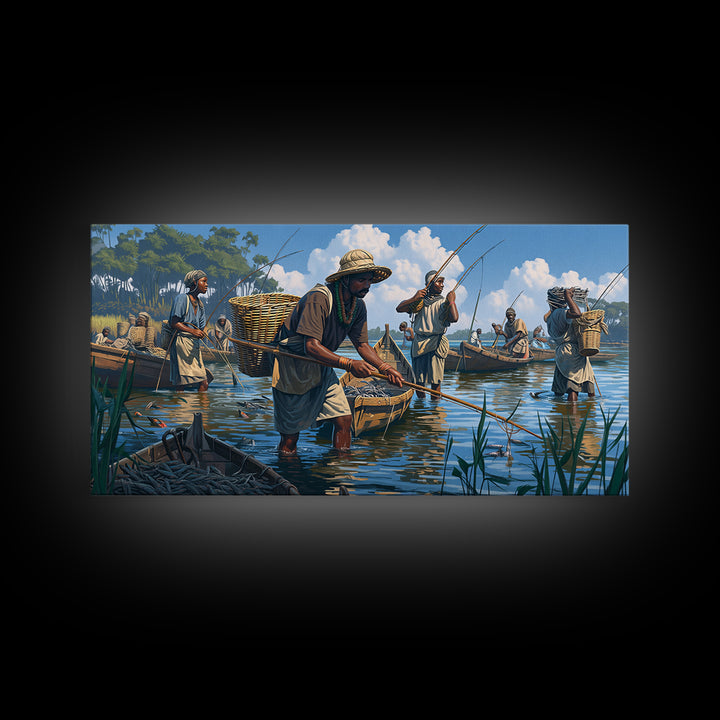 Traditional African Fishermen In River Boats Canvas Print, African Culture Art, Fishing Village, Safari Decor, Living Room Decor