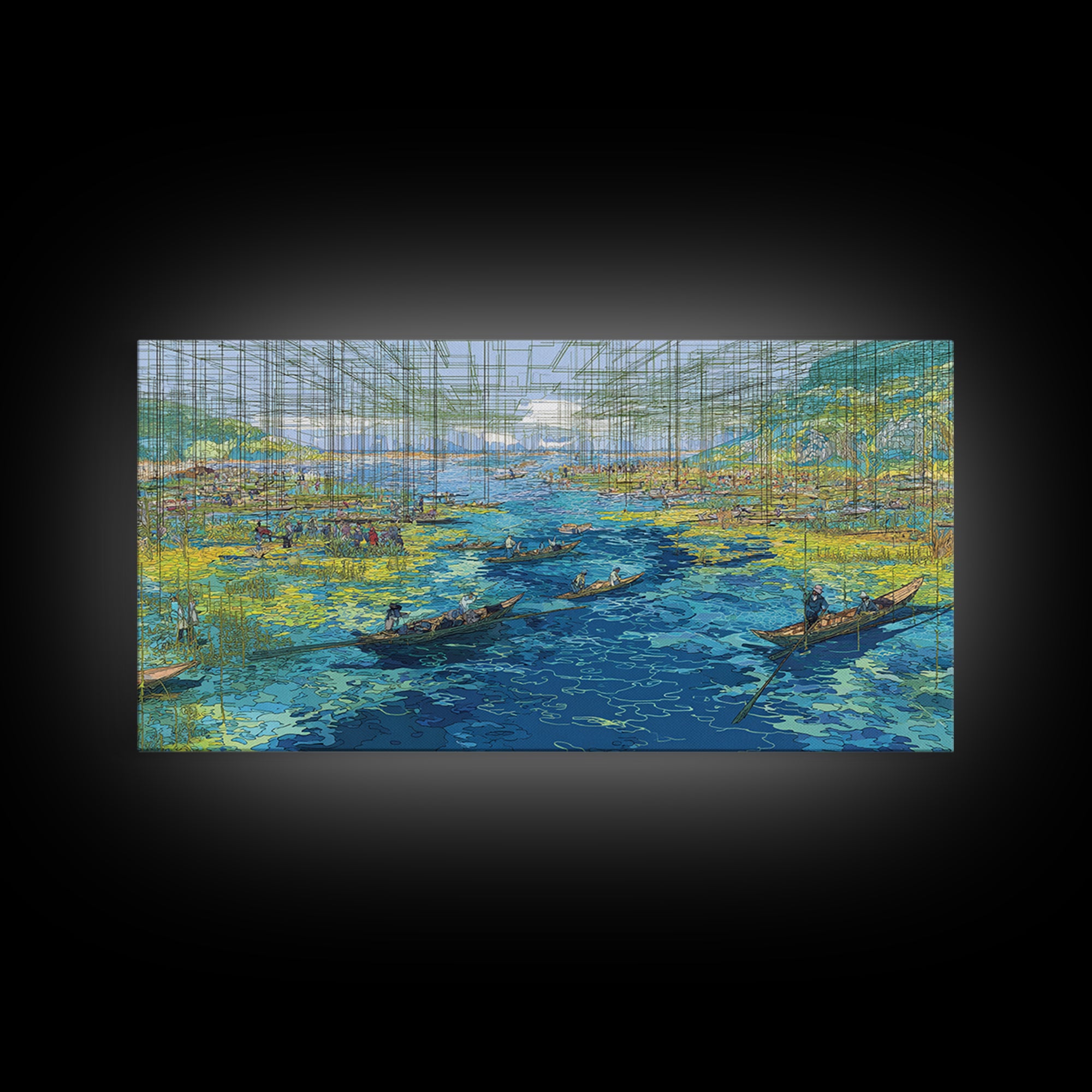 Abstract Blue Wetlands With Boats Canvas Print, Modern African Art, Coastal Landscape, Teal Wall Decor, Large Living Room Art