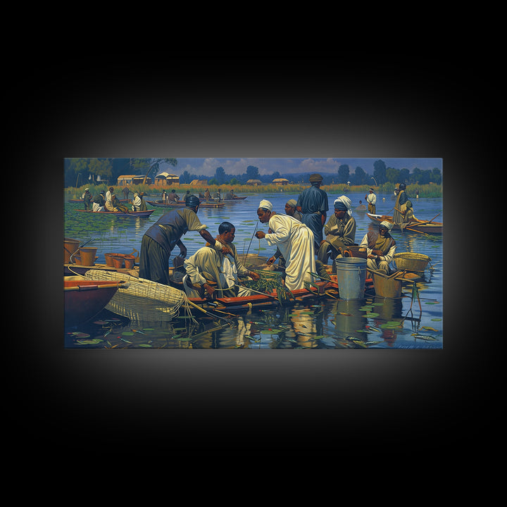 African Floating Market Fishermen On Lake Canvas Print, Traditional African Painting, Cultural Wall Decor, Village Home Decor