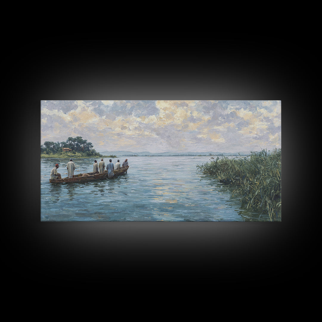 Serene African River Canoe Landscape Framed Canvas Print, Impressionist Nature Scene Art, Blue Wall Decor, Living Room Gift