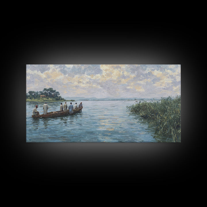 Serene African River Canoe Landscape Framed Canvas Print, Impressionist Nature Scene Art, Blue Wall Decor, Living Room Gift