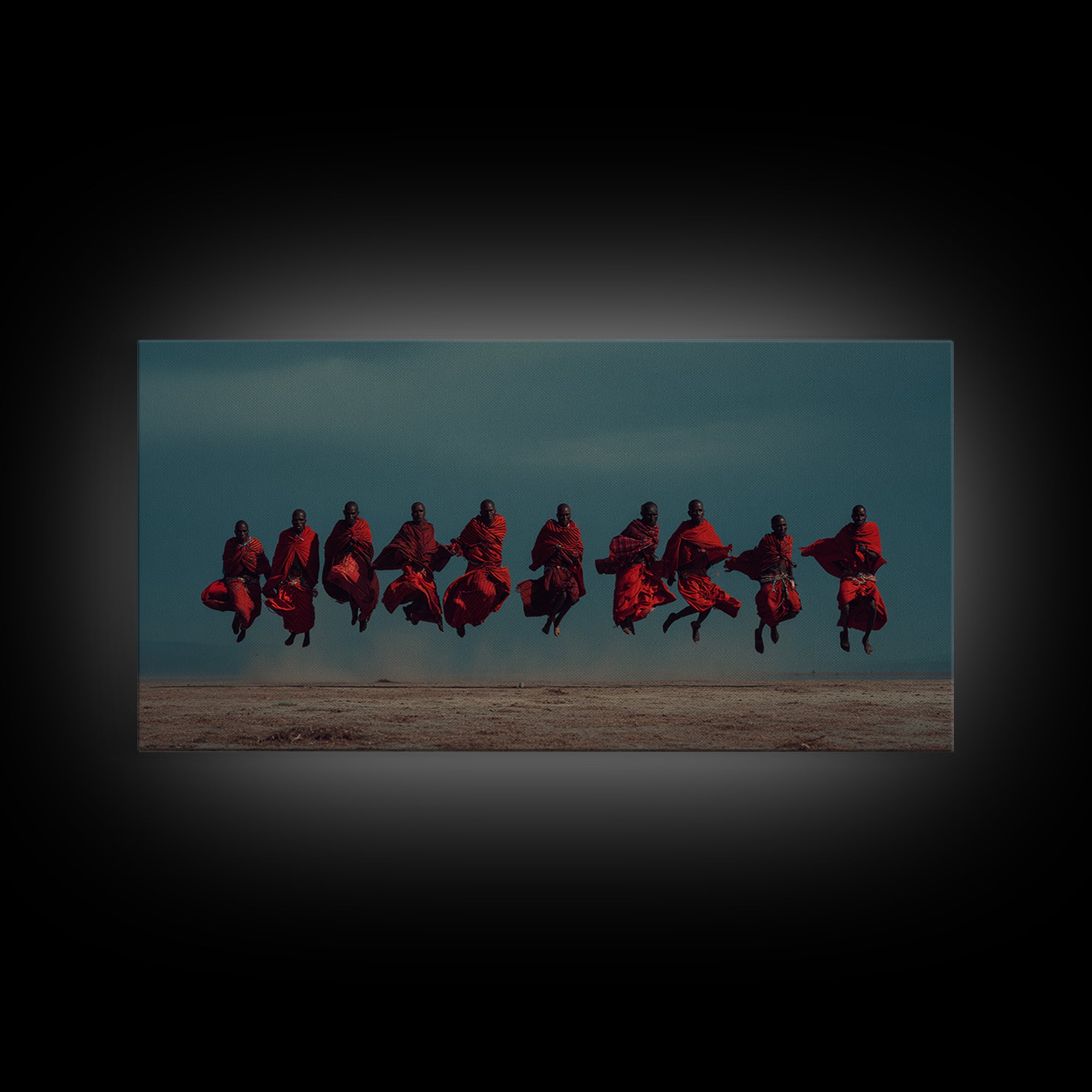 Leaping Maasai Warriors Under Storm Sky Canvas Print, African Warrior Art, Tribal Wall Decor, Red Safari Statement Piece