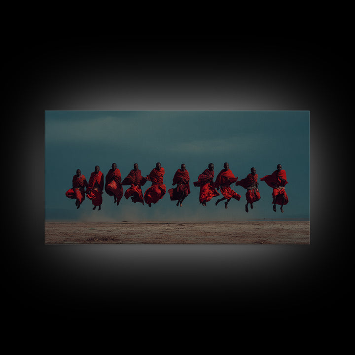 Leaping Maasai Warriors Under Storm Sky Canvas Print, African Warrior Art, Tribal Wall Decor, Red Safari Statement Piece