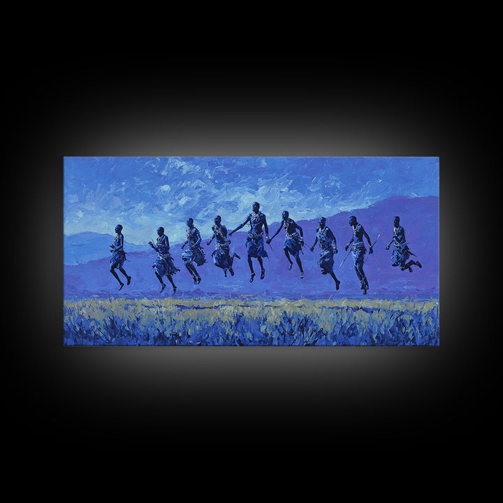 Blue Savanna Jumping Figures Wall Art, African Landscape, Modern African Art, Safari Art, Living Room Decor Canvas Print