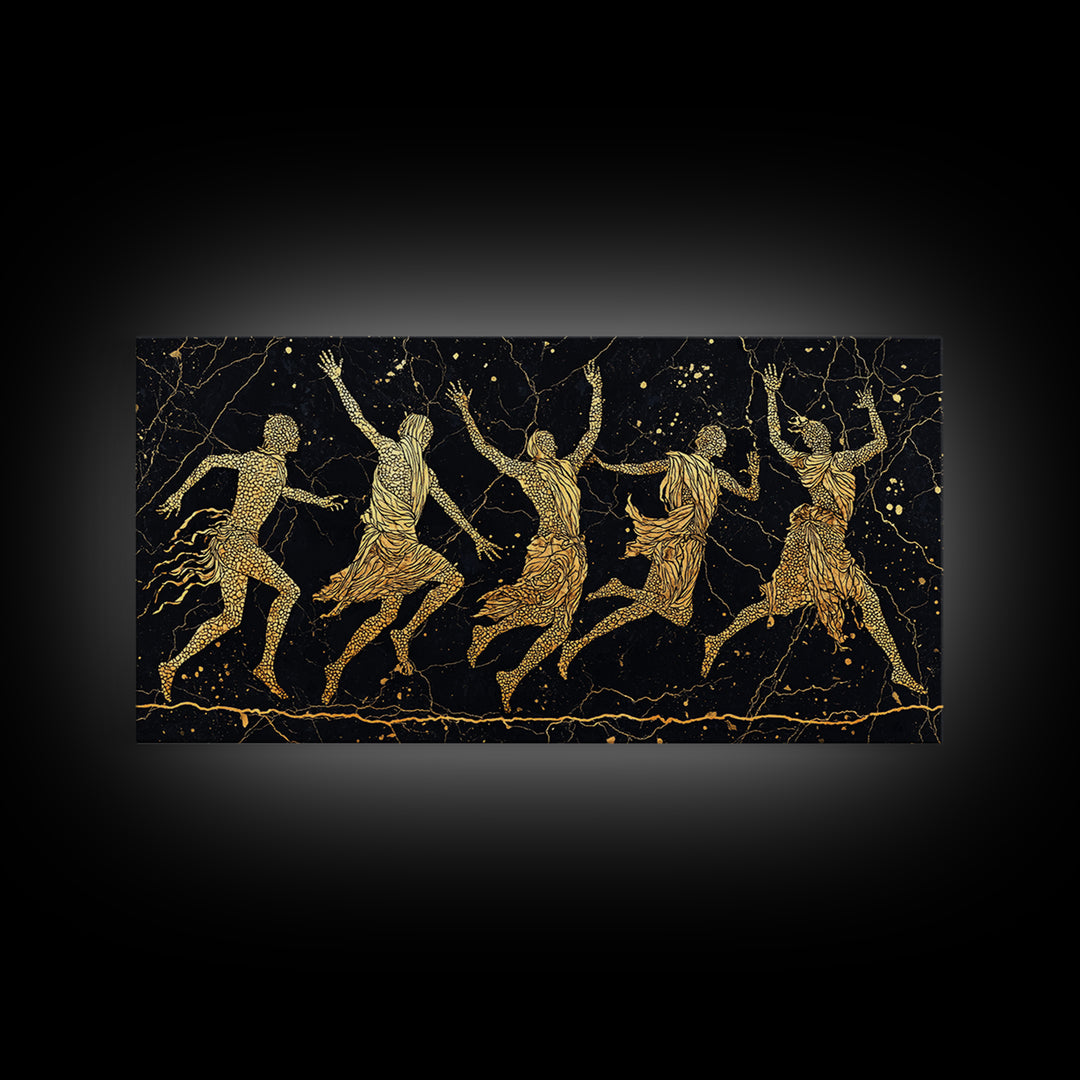Gold Tribal Dancers On Black Framed Canvas Print, African Tribal Art, Black And Gold Art, Afrocentric Wall Art Decor Gift