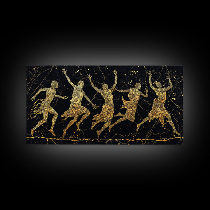 Gold Tribal Dancers On Black Framed Canvas Print, African Tribal Art, Black And Gold Art, Afrocentric Wall Art Decor Gift